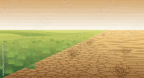 Drought contrast landscape with dry cracked earth and lush green grass