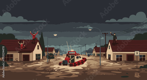 Retro style of a quiet small town street with red car and small houses quiet street retro vintage style