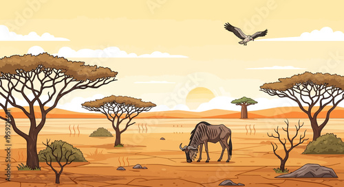 Wildlife scene with wildebeest and trees in savannah