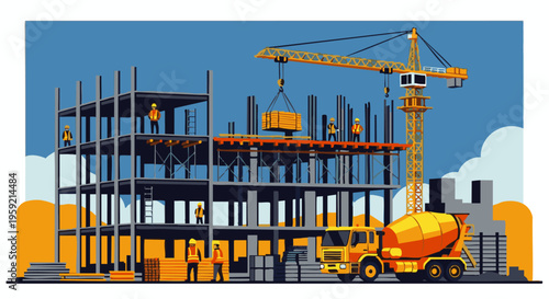 Yellow crane lifting at building construction site with cement mixer truck