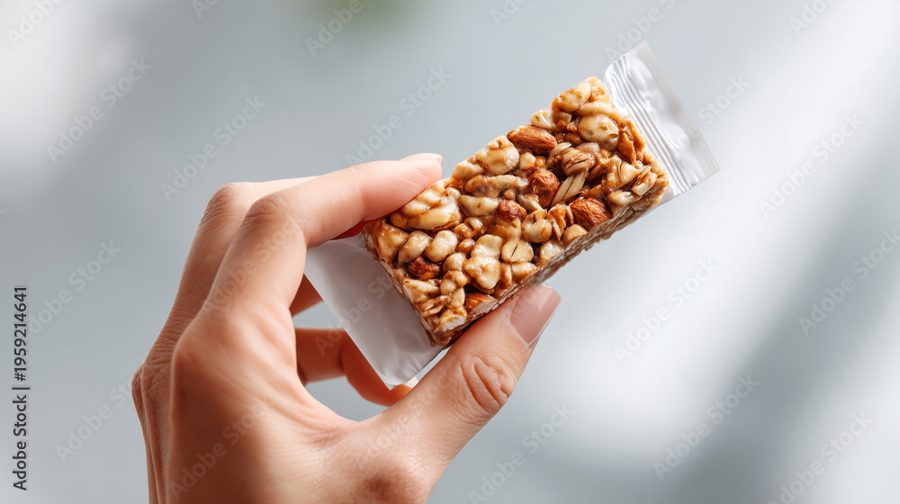 Obraz premium Female hand holding granola nut bar with blank white foil mockup packaging, soft grey bokeh background with diffused light highlighting natural almond oat healthy snack product design details.