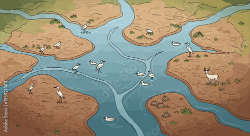 River delta ecosystem with birds and animals