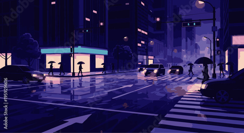 Rainy urban street scene at night with pedestrians and cars under city lights