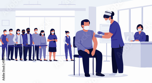 Medical clinic scene with patient receiving vaccine while others wait in line injection waiting line