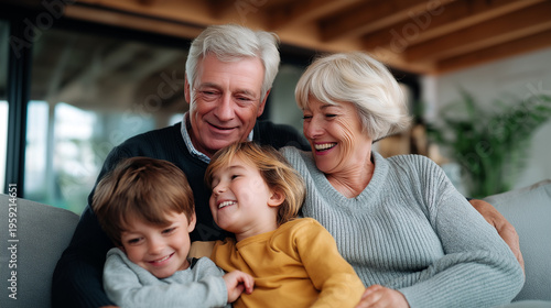 Happy grandparents sitting on sofa hugging two laughing grandchildren at home, joyful multigenerational family moment, grandparent love, cozy modern living room interior