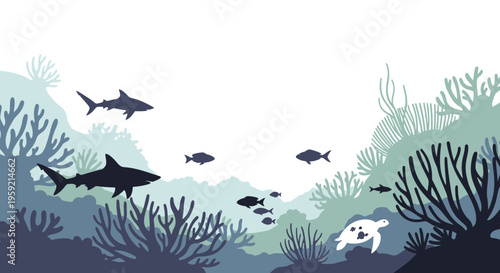 Oceanic scene with coral reef and sea creatures