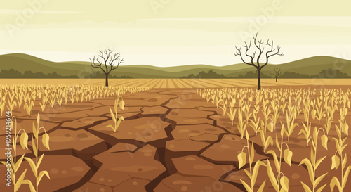 Dry cracked earth with withered plants and trees in drought landscape