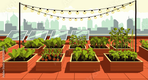 Urban rooftop garden with raised planters and cityscape background urban garden buildings