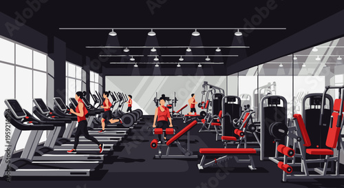 Bright gym interior with people exercising on various equipment fitness center workout exercise treadmills