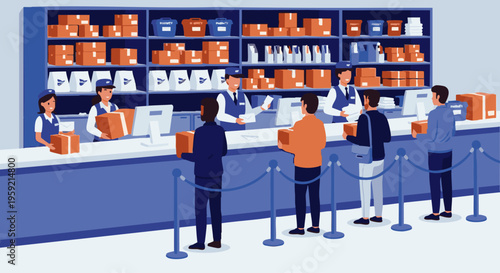 People standing in line at blue post office counter with boxes and packages on shelves people waiting