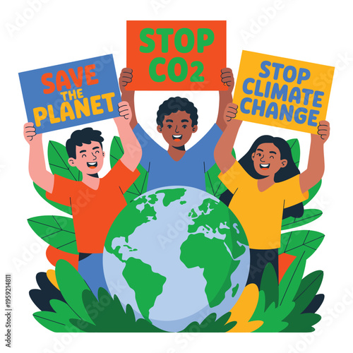 A group of people holding signs to save the planet and stop climate change