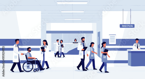 Busy hospital reception area with healthcare workers and patients walking around medical staff
