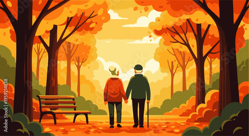 An elderly couple wearing masks walking hand in hand through an autumn forest