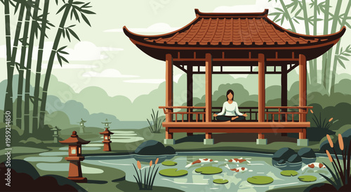 Woman meditating in traditional wooden pavilion surrounded by bamboo and lily pond meditation