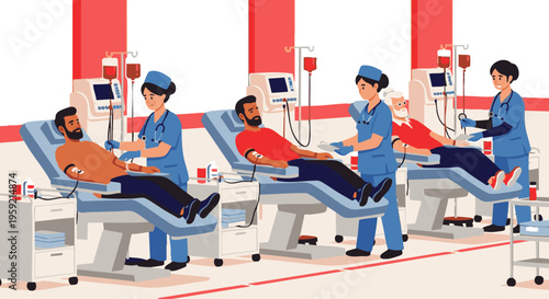 Patients lying on beds with nurses attending in a medical facility with red and white striped walls