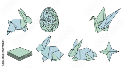Collection of origami animals and shapes made from paper