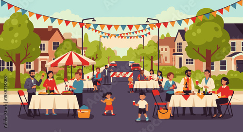 Neighborhood street party with people sitting at tables under colorful bunting neighborhood event community gathering