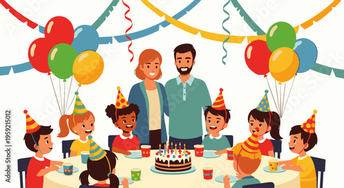 Group of children celebrating birthday with two adults colorful balloons and cake celebration candles