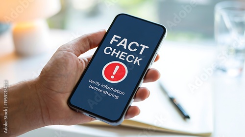 Hand holding smartphone with fact check alert for misinformation verification and news accuracy concept