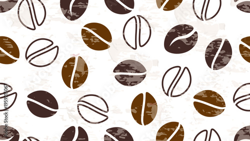 Coffee Seamless Pattern. Sketch for Food Shop, Menu, Bakery Cafe. Coffee Beans with Grunge Effect Brown and Beige Colors. Vector Art Border Background.