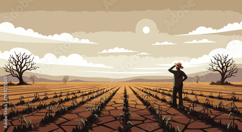 Farmer standing in dry cracked brown field with dead crops under a pale sky