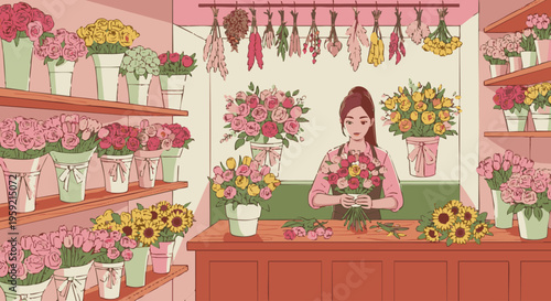 Woman arranging colorful flowers in a quaint flower shop with various potted plants and bouquets florist