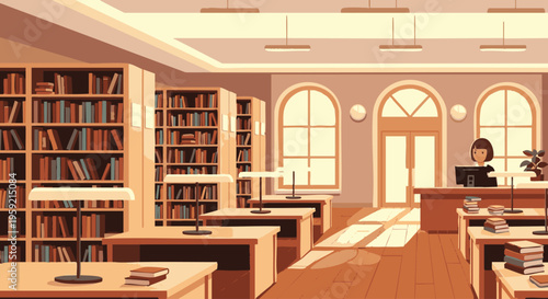 Calm library interior with wooden bookshelves and large arched windows