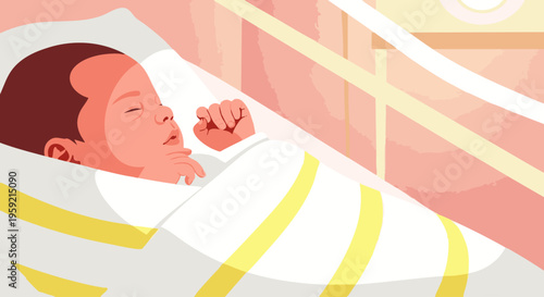 Baby sleeping peacefully in a crib with striped yellow blanket in sunny room