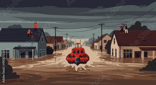Red car driving down a quiet suburban street with houses and telephone poles quiet neighborhood