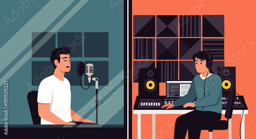 Two individuals in separate rooms one recording in a sound booth and the other editing at a computer station