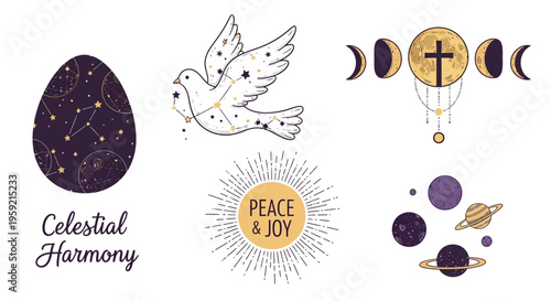 Illustrations depicting celestial and religious symbols of peace and harmony