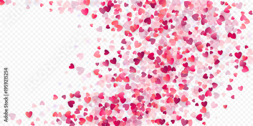 Heart love vector background. Valentine frame. Pink hearts confetti. Scattered love symbols. Random falling heart shape on transparent background. Beautiful Invitation, Greeting Card Illustration.
