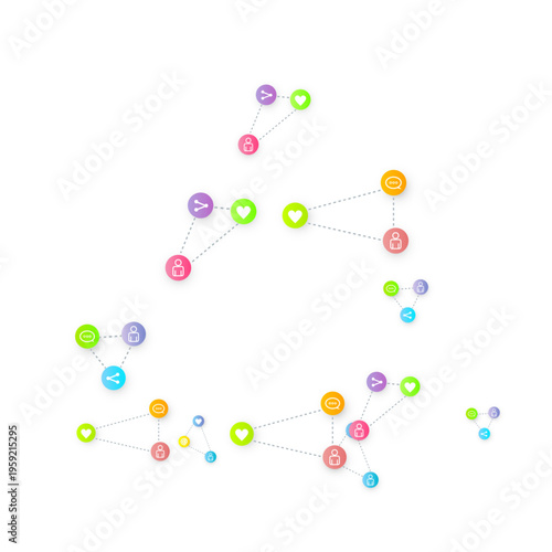 Social media marketing, Communication networking concept. Random icons social media services tags linked on white background. Comment, friend, like, share, target, message. Vector Internet concept.
