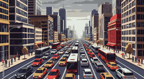 Busy city street with tall buildings and heavy traffic in a stylized urban scene cars