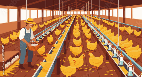 Farmer feeding chickens in a large indoor poultry farm with rows of chickens