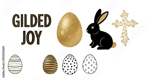 Elegant gilded joy easter illustration featuring eggs, rabbit, and decorative elements.