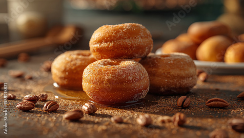 Stack of mini doughnuts coated in sugar, drizzled with honey, and surrounded by coffee beans and cinnamon, a tempting sweet treat, food photography