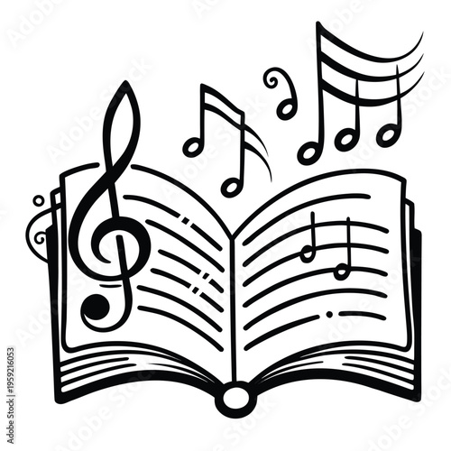 An open book with musical notes and a treble clef design