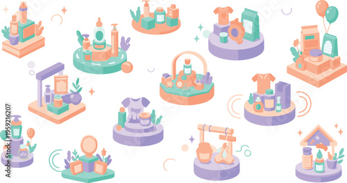 Baby Care Products Display Vector Set with Infant Essentials, Cosmetics Bottles Clothes and Accessories Collection for Nursery Design, Retail Presentation and Parenting Graphics.