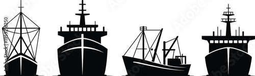 Ship silhouette icon set with cargo and fishing vessels, front and side views, maritime transport vector illustration isolated on white background
