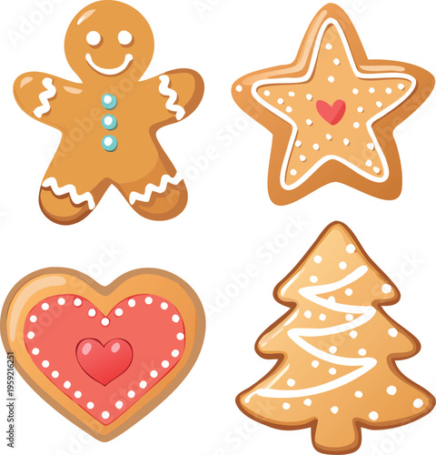 Festive gingerbread cookies in various holiday shapes displayed neatly