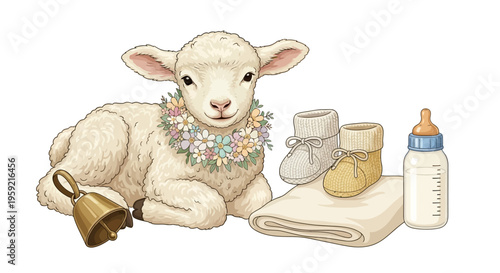 A whimsical lamb surrounded by baby essentials in a pastoral setting