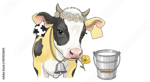 A cow happily eating cheese and milking into a bucket