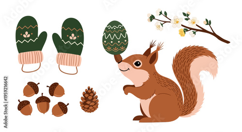 A whimsical autumn scene featuring a squirrel surrounded by acorns and festive accessories.