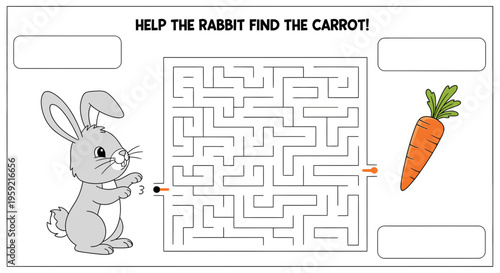 A vector graphic illustration of a rabbit navigating a maze to find a carrot