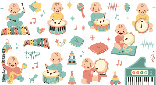 Cute Baby Playing Musical Instruments Vector Set with Infant Characters Drums Piano Xylophone and Sound Activities Illustration for Nursery Design and Kids Music Graphics.