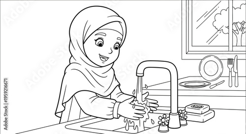 A young Muslim girl wearing a hijab washes her hands under a faucet in a clean kitchen with a plate and utensils nearby.
