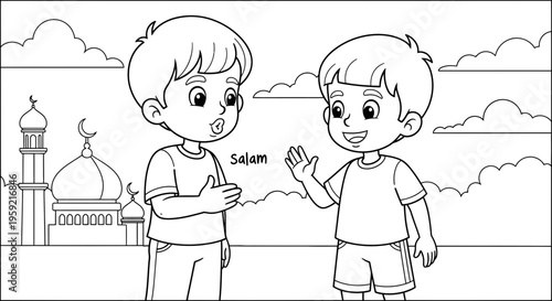A black and white illustration of two boys greeting each other in front of a mosque