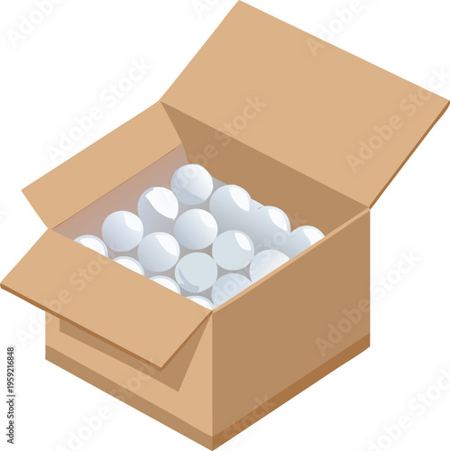 Open cardboard box filled with numerous white spherical objects