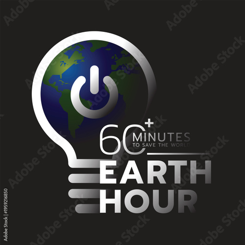 Earth hour, 60 minutes to save - Shutdown sign in the world globe bulb lamp with dark night on black background vector design